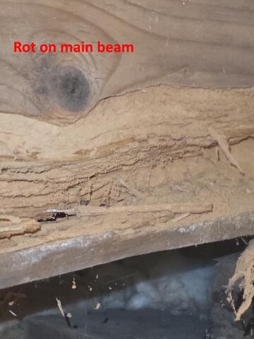 Wood rot on the main beam.