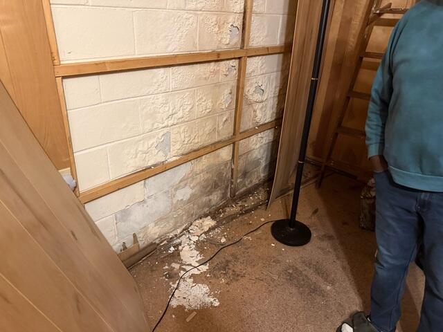 Visible Water Damage and Efflorescence on Basement Foundation Wall