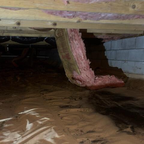 Upon inspection, we found falling fiberglass falling from the joists of the crawl space. Fiberglass is commonly ineffective, especially when wet, installed upside down, or placed in an open cavity.