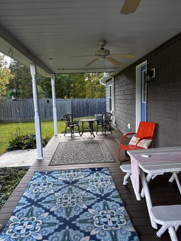 Back of home covered deck with TimberTech upgrade