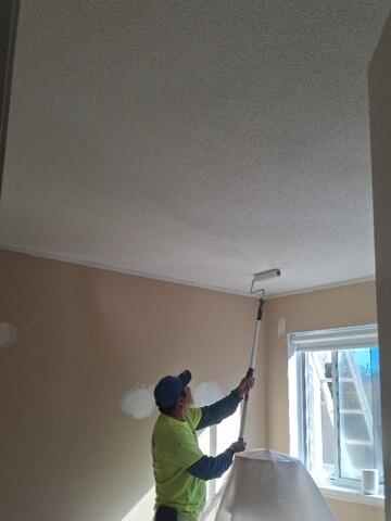 Wall preparation and smooth pole sanding around fireplace mantle areas while keeping furniture fully protected