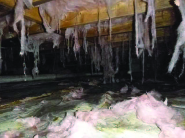 This could look like the end of a really great party but really its because the insulation is starting to take on moisture and is getting too heavy. It begins to fall and break apart. This is no longer effective for your home. 