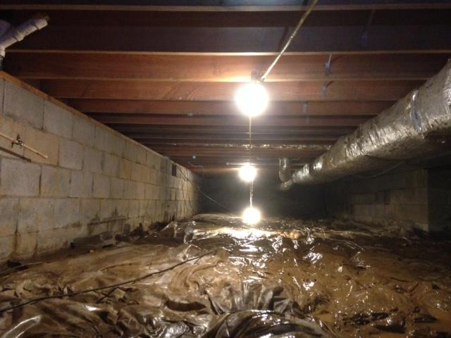 In this photo, you can see that the vapor barrier in this crawlspace is clearly not working properly.  It's wrinkled up, covered in water, and growing mold.  This crawlspace is an excellent candidate for a healthy renovation with Healthy Spaces.  The existing vapor barrier needs to be removed, the crawlspace treated for mold, and a new crawlspace liner installed.  In fact, this crawlspace also needs a drainage system installed with a sump pump and possibly a dehumidifier.  Check out our other photo albums to see how a crawlspace can be transformed!