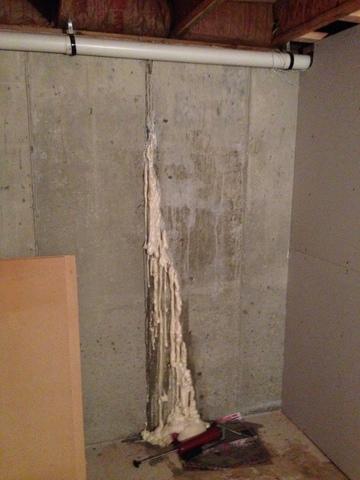 We used an injection foam in order seal this crack and to keep water out of the basement. No one should consider finishing a basement without waterproofing it first.