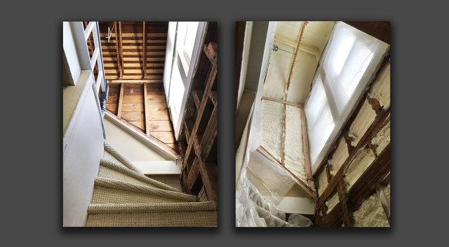 You can see how heat will flow right up the stairs in a poorly insulated home. Now that they have a spray foam insulation barrier this space will require less heating and cooling - meaning this family is saving money year-round.