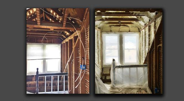 Insulation in stairwell to third story attic space.