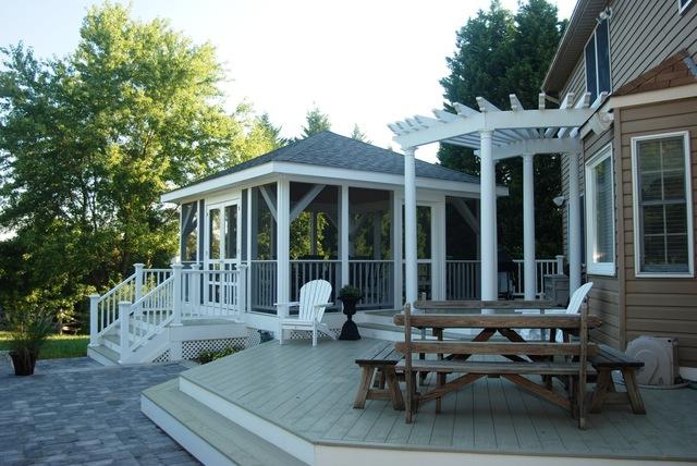 Pergola with deck and steps.