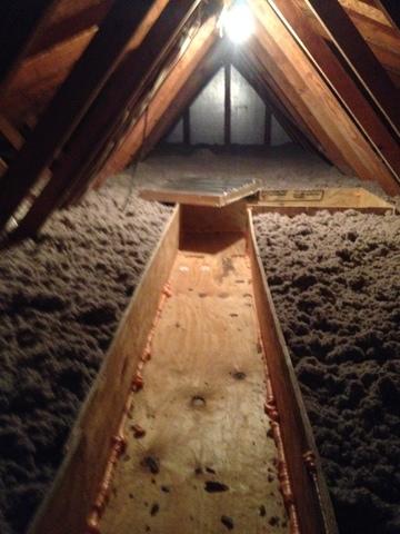 <p>This is the same cat walk, looking back towards the attic hatch.</p>