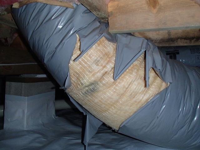 <p>The cover to this flexible duct has split, leaving the insulation exposed to the air and moisture that could cause damage to the duct and make for some dirty air!</p>