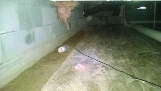 As you can see in the picture, this cement crawl space has falling fiberglass that has been damaged. The reason why fiberglass falls apart is because there is an overabundance of moisture in the air. The fiberglass can only hold a certain amount of water before it starts to fall apart.