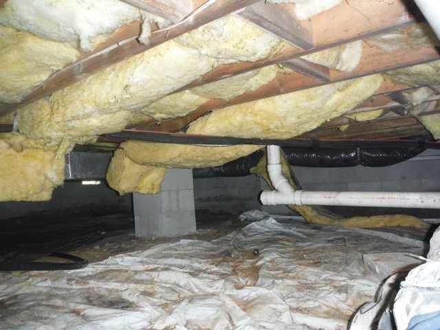 Moisture, mold, and falling, failing insulation are problems in this crawl space, which hasn't been properly sealed.