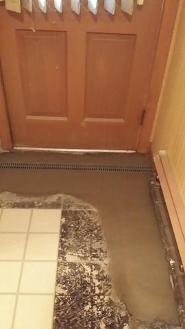 Our Trench Drain is what was installed in front of the door. This will also collect any leaking water and flow it into the sump pump and away from your home.