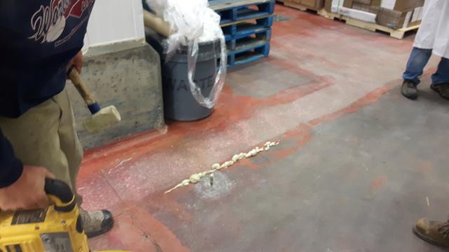 Injected PolyLevel to stabilize rocking control joints. Slab would shift and move as pump trucks and forklifts carrying freshly packaged food drove over it. Once treated, slab was stable. Work was completed within one hour with no disruption to the everyday business of the food packaging plant.