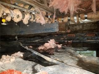 When fiberglass insulation absorbs humidity in a crawl space, it eventually gets too heavy and falls to the ground. This is shown here, along with standing water in the space.