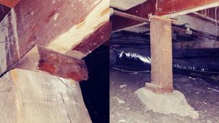 This is a photo of failing posts that were "Fixed" before the home was bought by the current owners. These are only a couple of the many failing posts in the homeowner's crawl space which is causing sagging floors and sticking doors and windows.