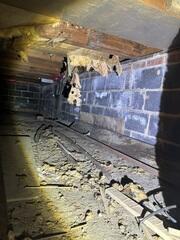 White water stains on the crawl space wall indicate the moisture issues.