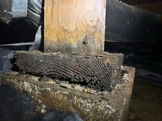 The water lines on the wooden post show where water levels often rise, staining the wood. And the wooden piece beneath the post is still very wet.