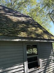 Here's a look at Karen's old roof before the replacement. Heavy moss buildup had taken over, holding in moisture and accelerating shingle deterioration. Swipe through to see the stunning transformation!
