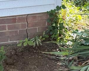 The exterior of the home showed signs of a shifting foundation, including this significant crack.