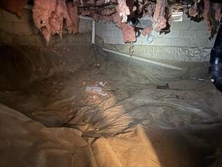 Crawl Space During Inspection: Debris and Wet Fiberglass