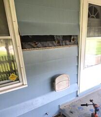 The siding is removed, and access areas are made in preparation for the RetroFoam Injection. These holes are created to allow for an easy access area for the material that is later injected into the wall cavity.