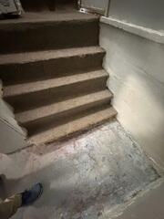 These stairs suffered from water damage at the the floor and wall joint from consistent leaks during heavy rain. Leading our team to install our drainage system to allow for consistent flow of water out of the basement.