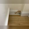 Moisture intrusion caused mold growth behind the drywall assembly and underneath the finished flooring materials, as evidenced by the photo.