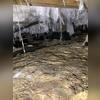 Wet, moldy, and muddy insulation that had fallen from the sub-flooring. Standing water sits in puddles along the existing 6-mil vapor barrier.